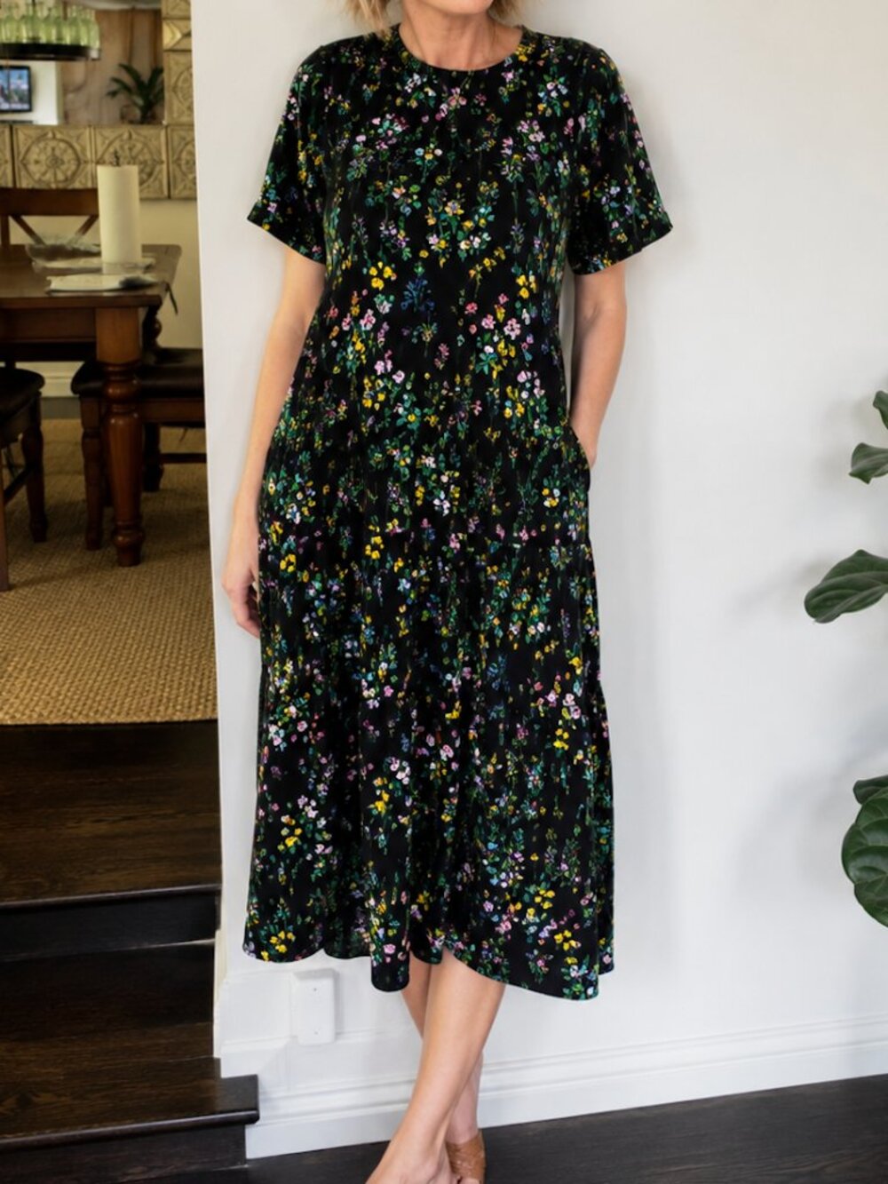 Cynthia Rowley Valery Tee Combo Drop Waist Dress in Black Floral | Size Small